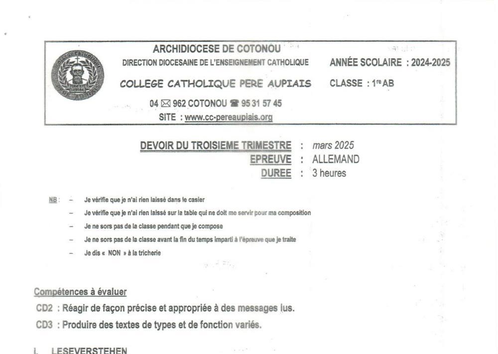 Aperçu de la première page — 1ère A1 A2 B Allemand Devoir 3ème Trimestre Collège Père Aupiais Mars 2025