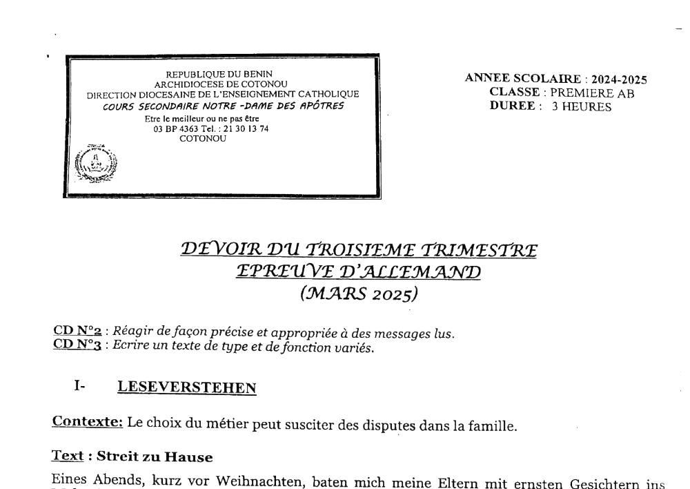 Aperçu de la première page — 1ère A1 A2 B Allemand Devoir 3ème Trimestre Cours Secondaire Notre Dame des Apôtres Mars 2025