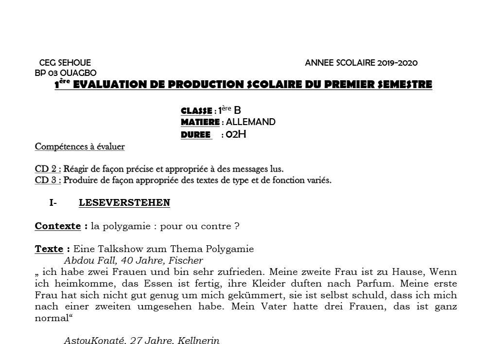 Aperçu de la première page — 1ère B Allemand 1er Devoir 1er Semestre CEG Sehoue 2019 2020