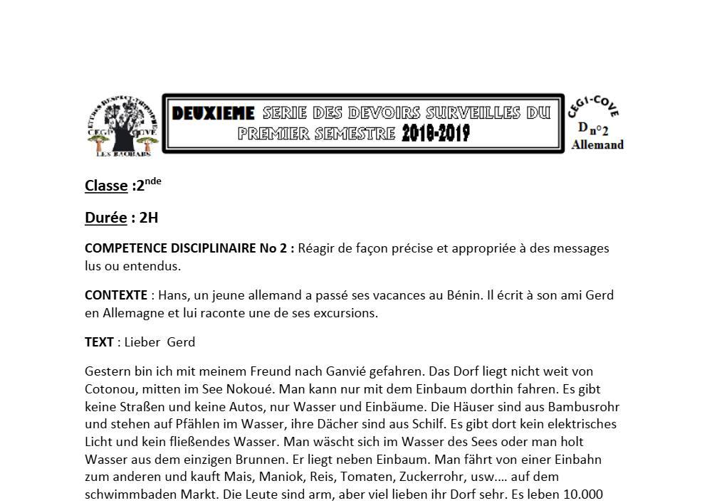 Aperçu de la première page — 2nde A1 A2 B Allemand 2ème Devoir 1er Semestre 2nde CEG1 Cove 2018 2019