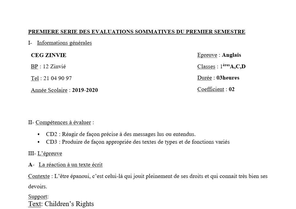 Aperçu de la première page — 1ère Anglais 1er Devoir 1er Semestre Acd CEG Zinvié 2019 2020