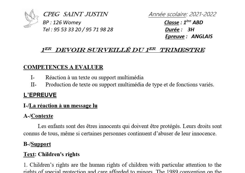 Aperçu de la première page — 1ère Anglais 1er Devoir 1er Trimestre Abd CPEG Saint Justin 2021 2022