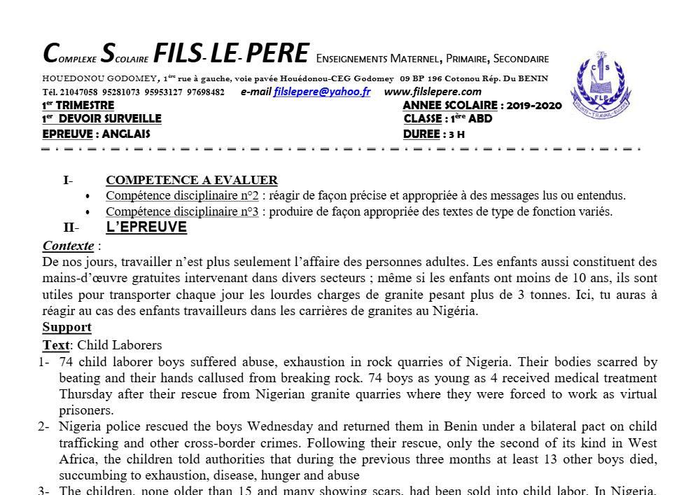 Aperçu de la première page — 1ère Anglais 1er Devoir 1er Trimestre Abd CS Fils Le Père 2019 2020