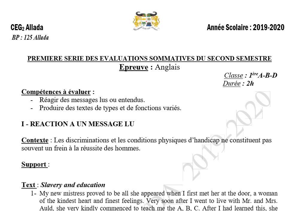 Aperçu de la première page — 1ère Anglais 1er Devoir 2ème Semestre Abd CEG2 Allada 2019 2020