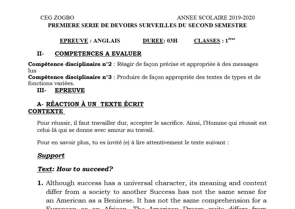 Aperçu de la première page — 1ère Anglais 1er Devoir 2ème Semestre CEG Zogbo 2019 2020