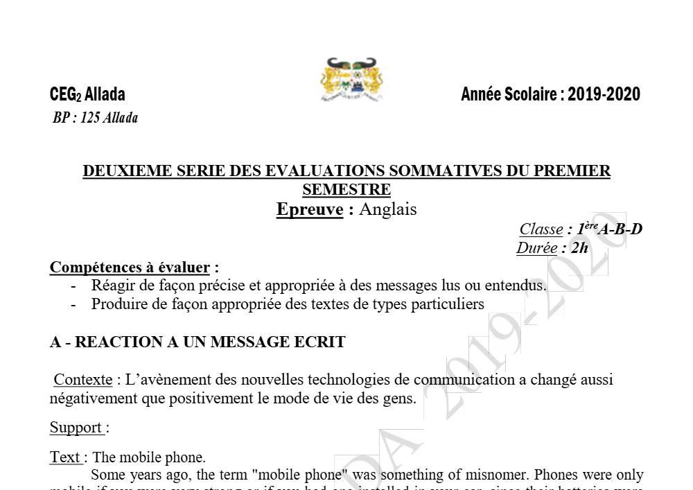 Aperçu de la première page — 1ère Anglais 2ème Devoir 1er Semestre Abd CEG2 Allada 2019 2020