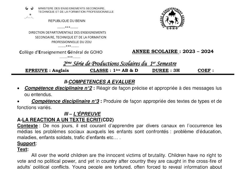 Aperçu de la première page — 1ère Anglais 2ème Devoir 1er Semestre Abd CEG Goho Abomey 2023 2024