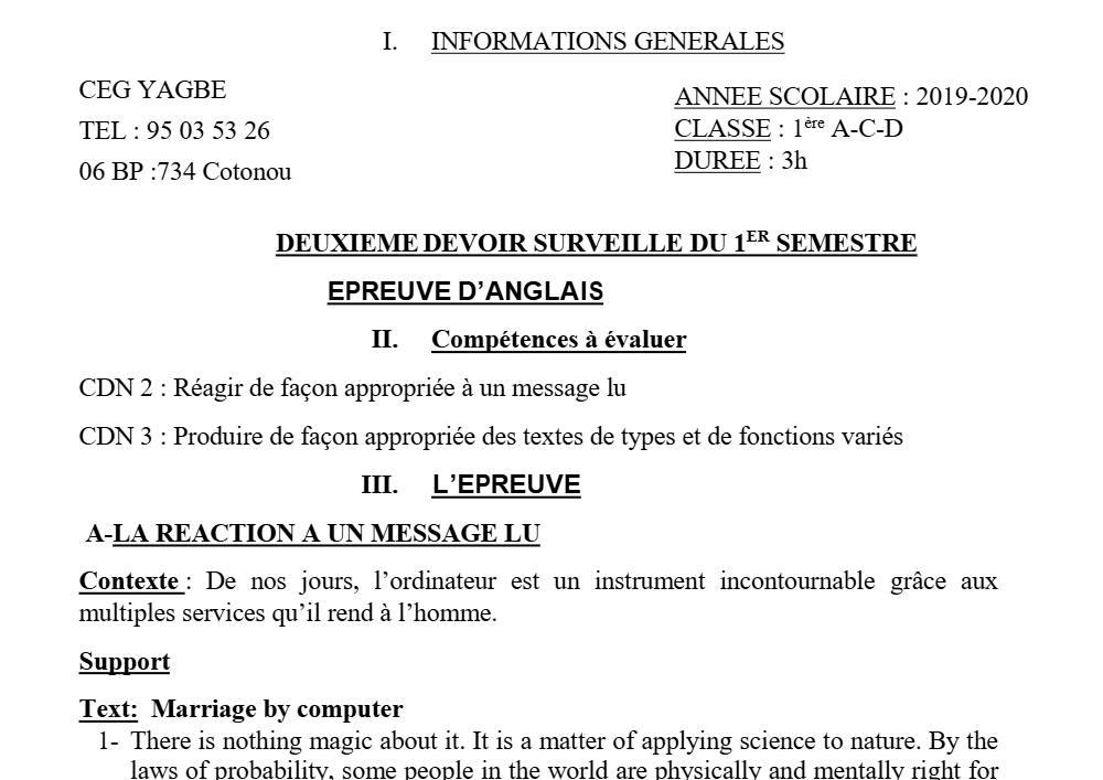 Aperçu de la première page — 1ère Anglais 2ème Devoir 1er Semestre Acd CEG Yagbe 2019 2020