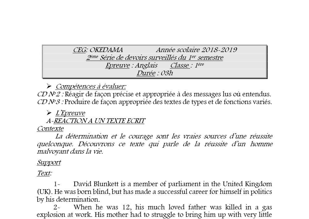 Aperçu de la première page — 1ère Anglais 2ème Devoir 1er Semestre CEG Okedama 2018 2019