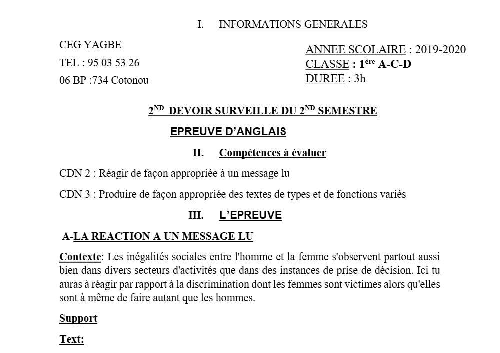 Aperçu de la première page — 1ère Anglais 2ème Devoir 2ème Semestre Acd CEG Yagbe 2019 2020