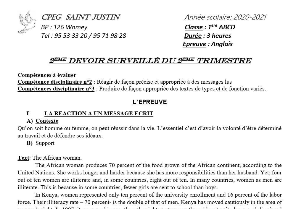 Aperçu de la première page — 1ère Anglais 2ème Devoir 2ème Trimestre Abd CPEG Saint Justin 2020 2021