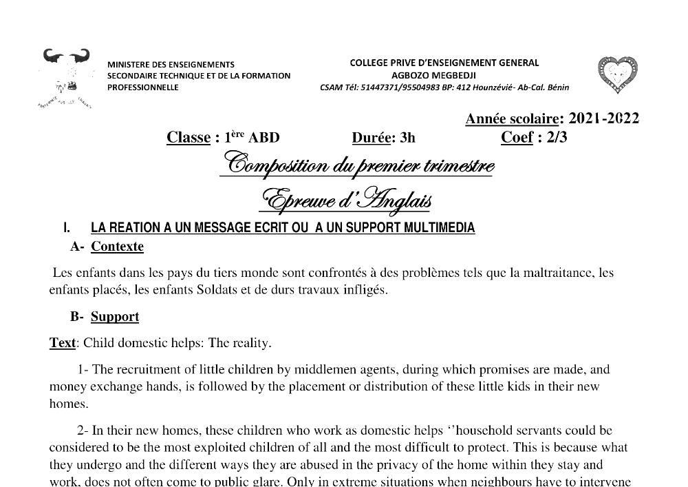 Aperçu de la première page — 1ère Anglais Composition 1er Trimestre Abd CPEG Agbozo Megbedji 2021 2022 (2)