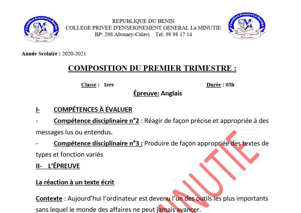 Aperçu de la première page — 1ère Anglais Composition 1er Trimestre CPEG La Minutie 2020 2021