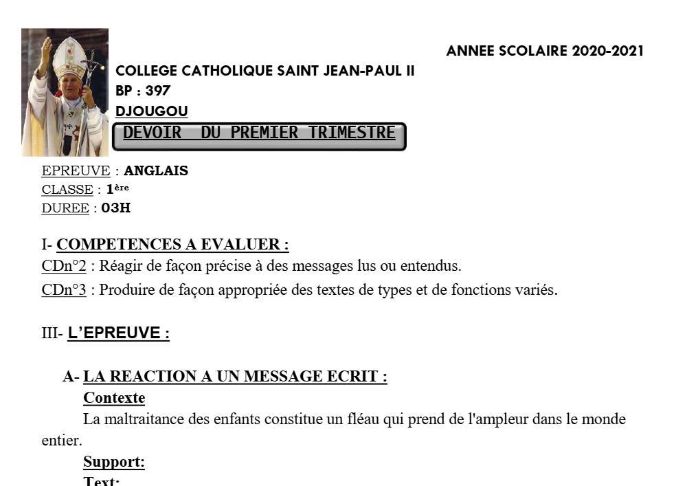 Aperçu de la première page — 1ère Anglais Devoir 1er Trimestre CPEG Saint Jean Paul 2 2020 2021