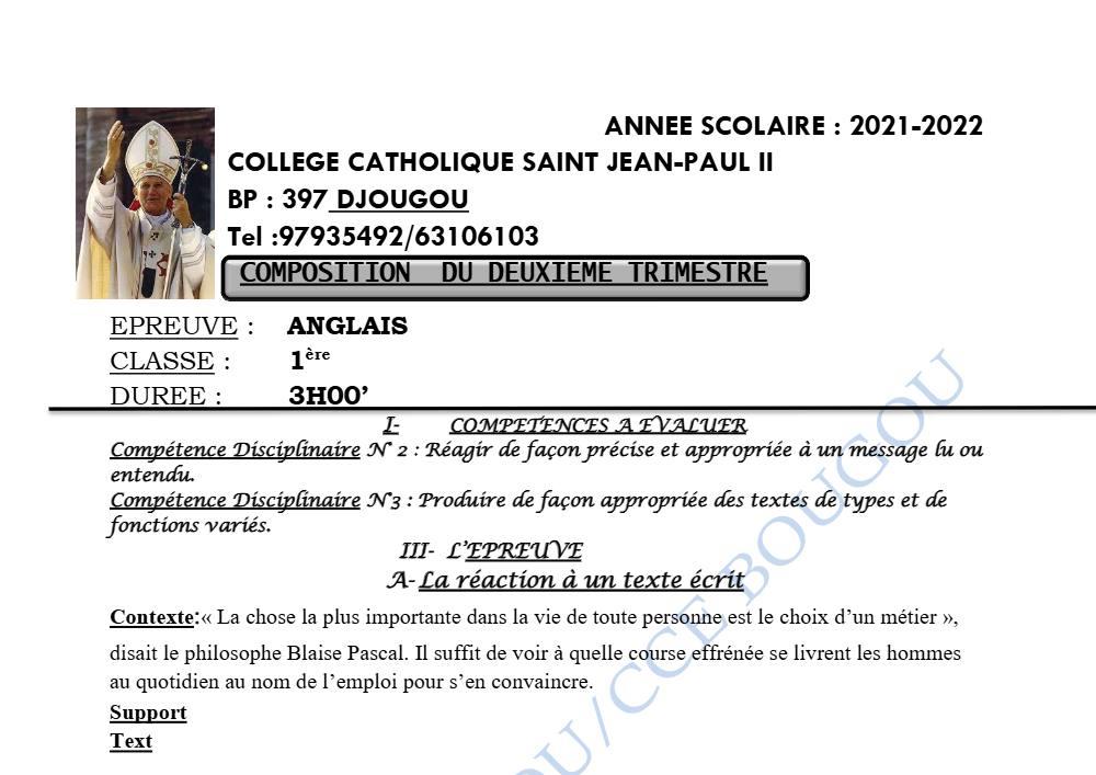 Aperçu de la première page — 1ère Anglais Devoir 2ème Trimestre Collège Catholique 2021 2022