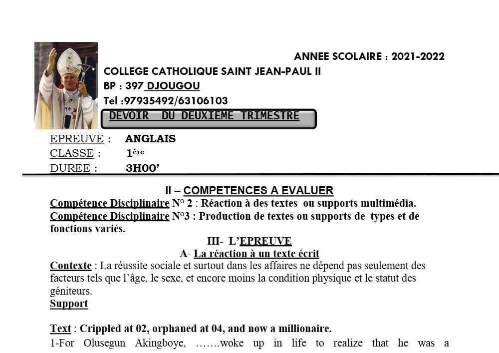 Aperçu de la première page — 1ère Anglais Devoir 2ème Trimestre Collège Catholique Saint Jean Paul II 2021 2022