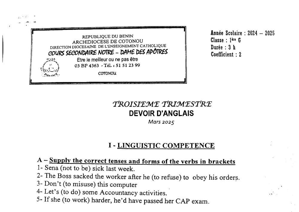 Aperçu de la première page — 1ère Anglais Devoir 3ème Trimestre Cours Secondaire Notre Dame des Apôtres Mars 2025 (2)