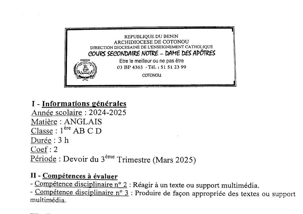 Aperçu de la première page — 1ère Anglais Devoir 3ème Trimestre Cours Secondaire Notre Dame des Apôtres Mars 2025
