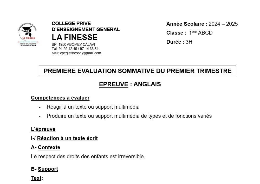Aperçu de la première page — 1ère Anglais Évaluation sommative 1er Trimestre de 1ere Abcd Annee Scolaire CPEG La Finesse 2024 2025