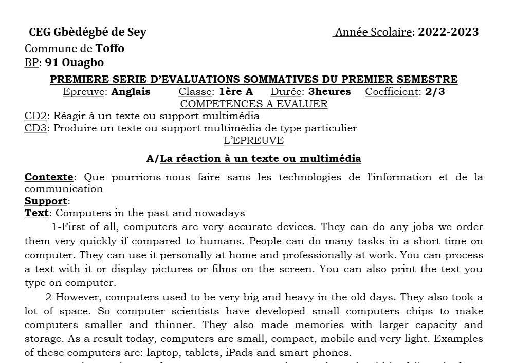 Aperçu de la première page — 1ère A1 A2 Anglais 1er Devoir 1er Semestre CEG Gbèdégbé de Sey 2022 2023