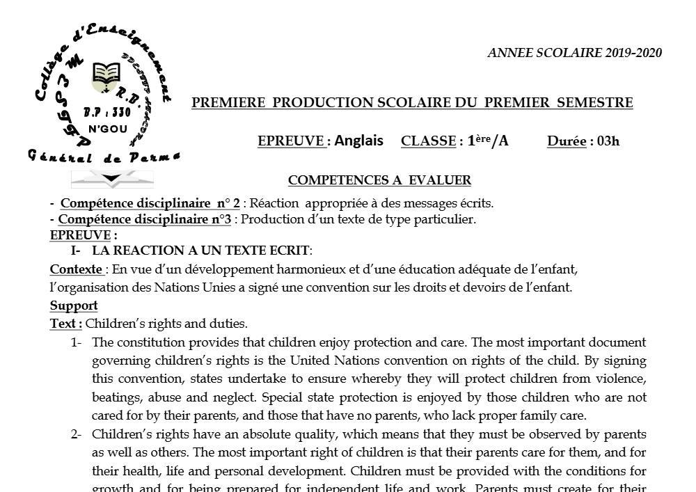 Aperçu de la première page — 1ère A1 A2 Anglais 1er Devoir 1er Semestre CEG Perma 2019 2020