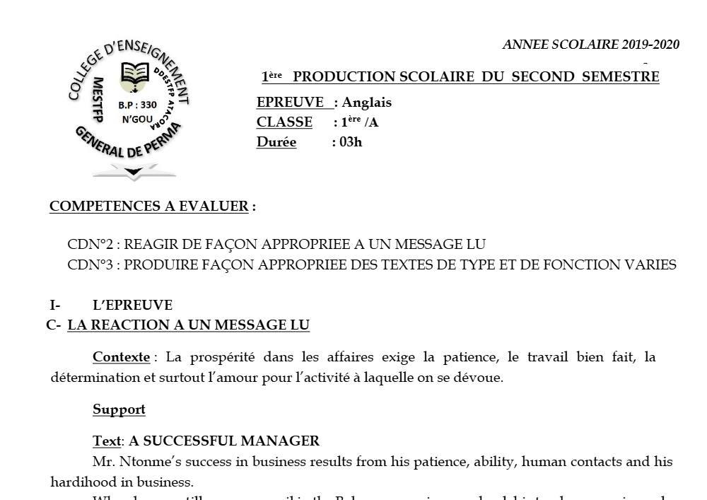 Aperçu de la première page — 1ère A1 A2 Anglais 1er Devoir 2ème Semestre CEG Perma 2019 2020