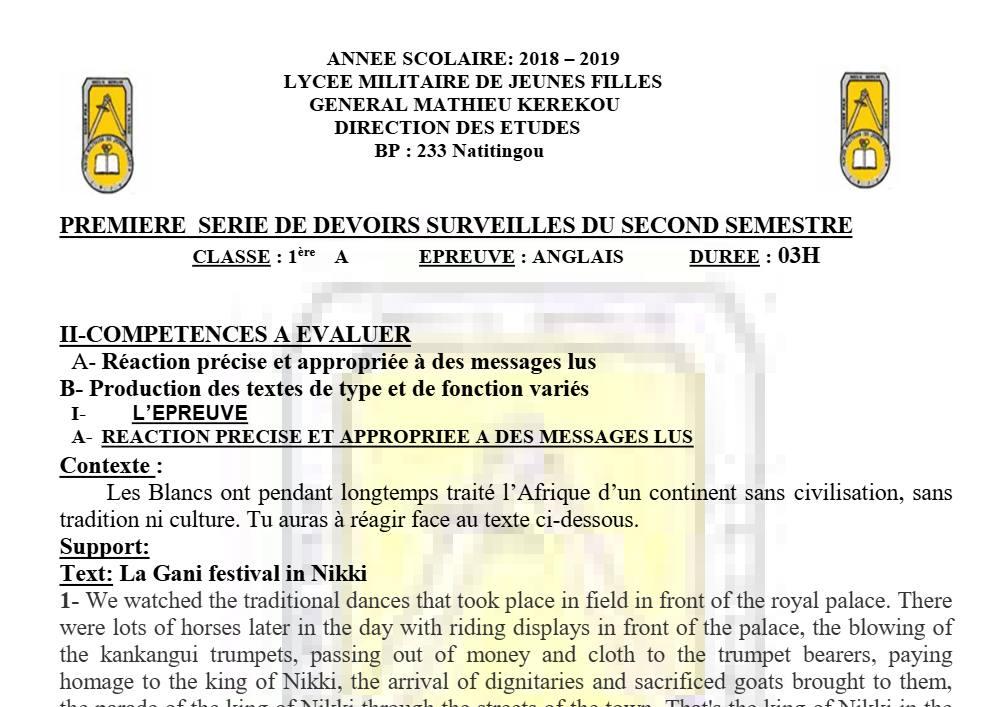Aperçu de la première page — 1ère A1 A2 Anglais 1er Devoir 2ème Semestre Lmjf de Natitingou 2018 2019