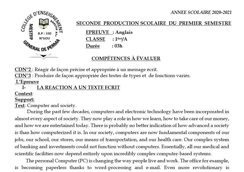 Aperçu de la première page — 1ère A1 A2 Anglais 2ème Devoir 1er Semestre CEG Perma 2020 2021