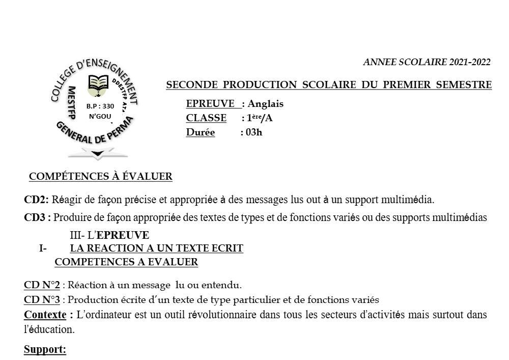 Aperçu de la première page — 1ère A1 A2 Anglais 2ème Devoir 1er Semestre Collège D'Enseignement Général de Perma 2021 2022
