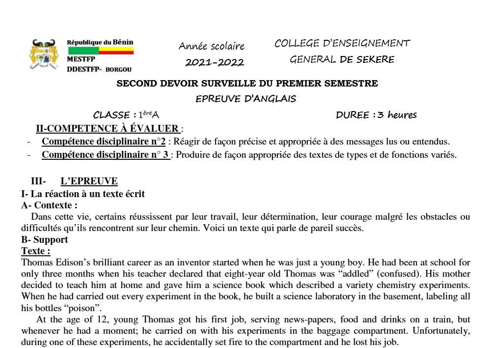 Aperçu de la première page — 1ère A1 A2 Anglais 2ème Devoir 1er Semestre Collège D'Enseignement Général de Sékéré 2021 2022
