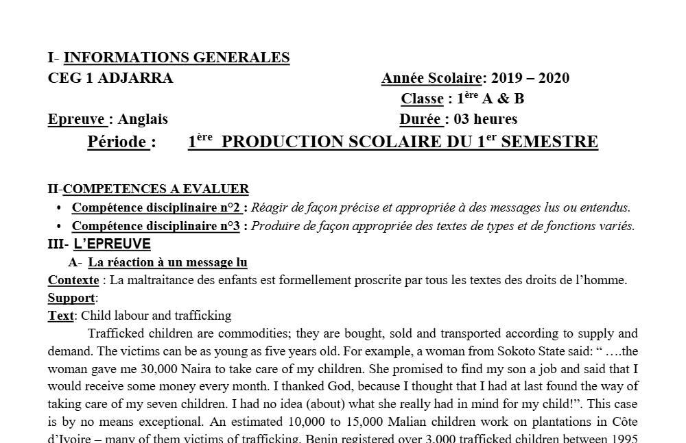 Aperçu de la première page — 1ère A1 A2 B Anglais 1er Devoir 1er Semestre CEG1 Adjarra 2019 2020
