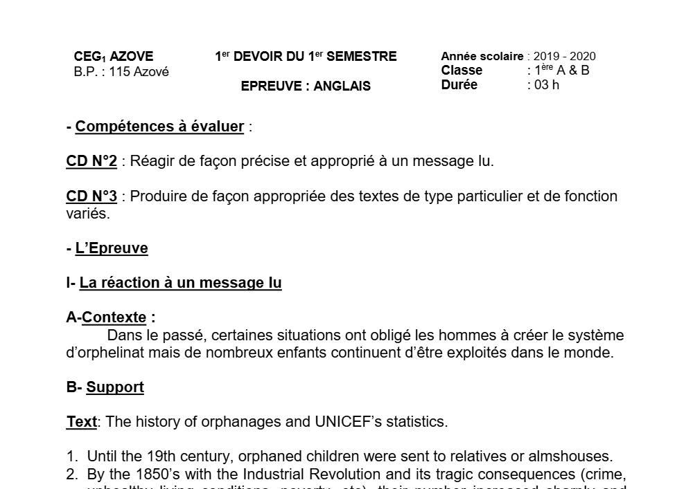 Aperçu de la première page — 1ère A1 A2 B Anglais 1er Devoir 1er Semestre CEG1 Azové 2019 2020