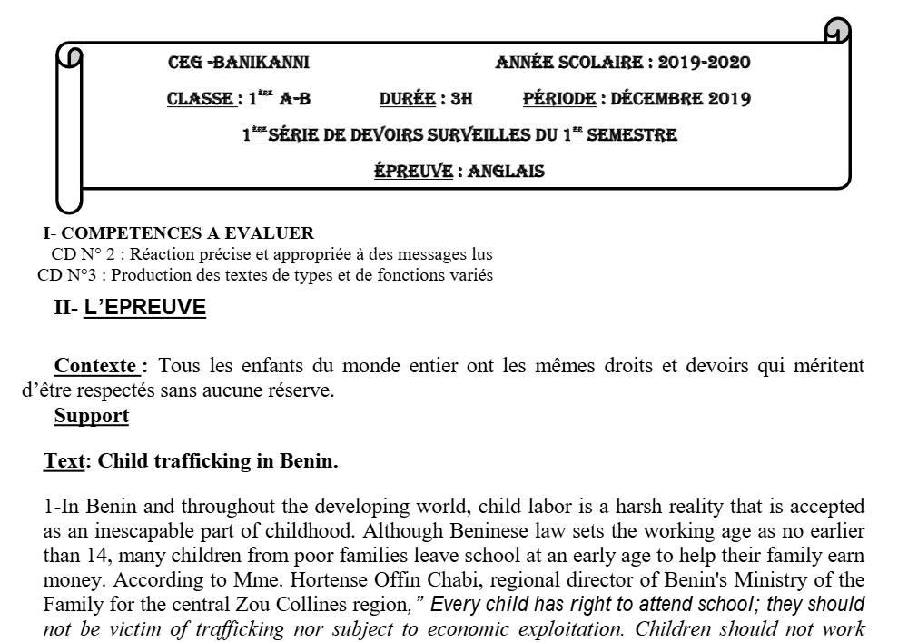 Aperçu de la première page — 1ère A1 A2 B Anglais 1er Devoir 1er Semestre CEG Banikanni 2019 2020