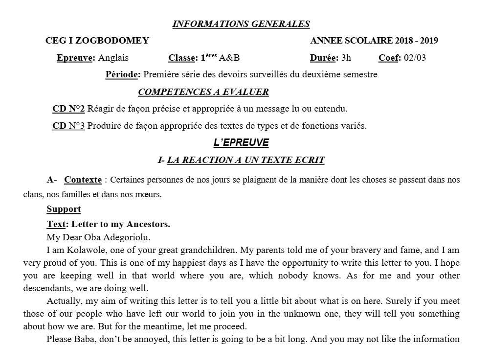 Aperçu de la première page — 1ère A1 A2 B Anglais 1er Devoir 2ème Semestre CEG1 Zogbodomey 2018 2019