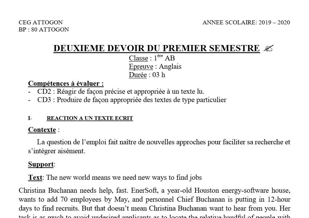 Aperçu de la première page — 1ère A1 A2 B Anglais 1er Devoir 2ème Semestre CEG Attogon 2019 2020