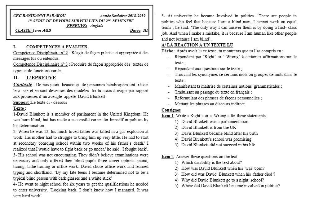 Aperçu de la première page — 1ère A1 A2 B Anglais 1er Devoir 2ème Semestre CEG Banikanni 2018 2019