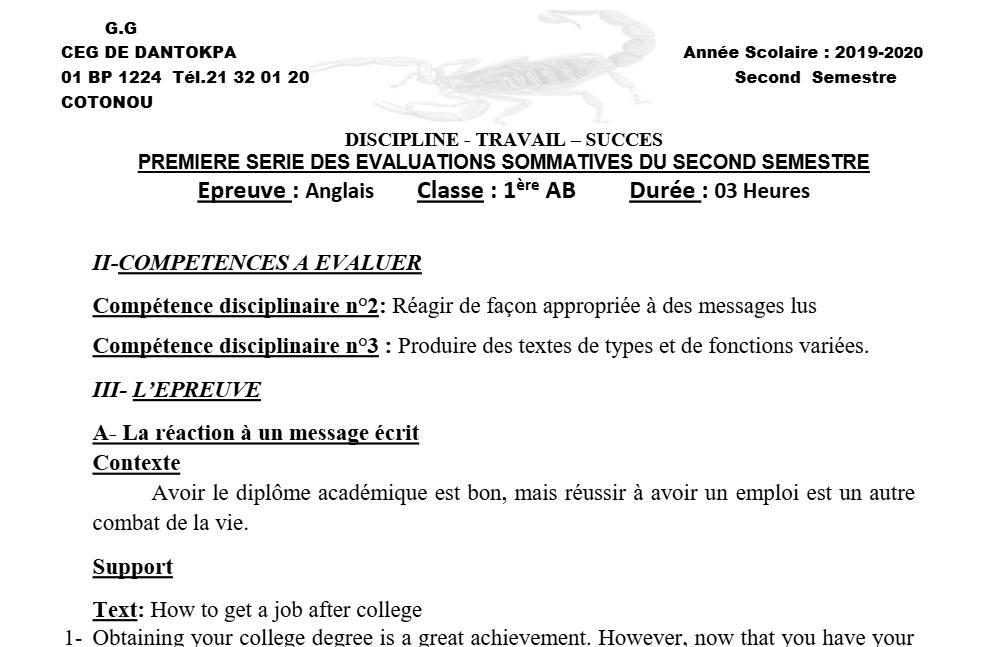 Aperçu de la première page — 1ère A1 A2 B Anglais 1er Devoir 2ème Semestre CEG Dantokpa 2019 2020