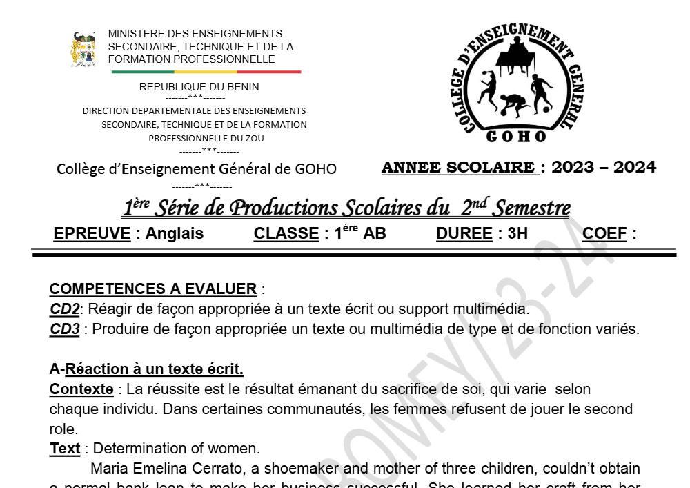 Aperçu de la première page — 1ère A1 A2 B Anglais 1er Devoir 2ème Semestre CEG Goho 2023 2024