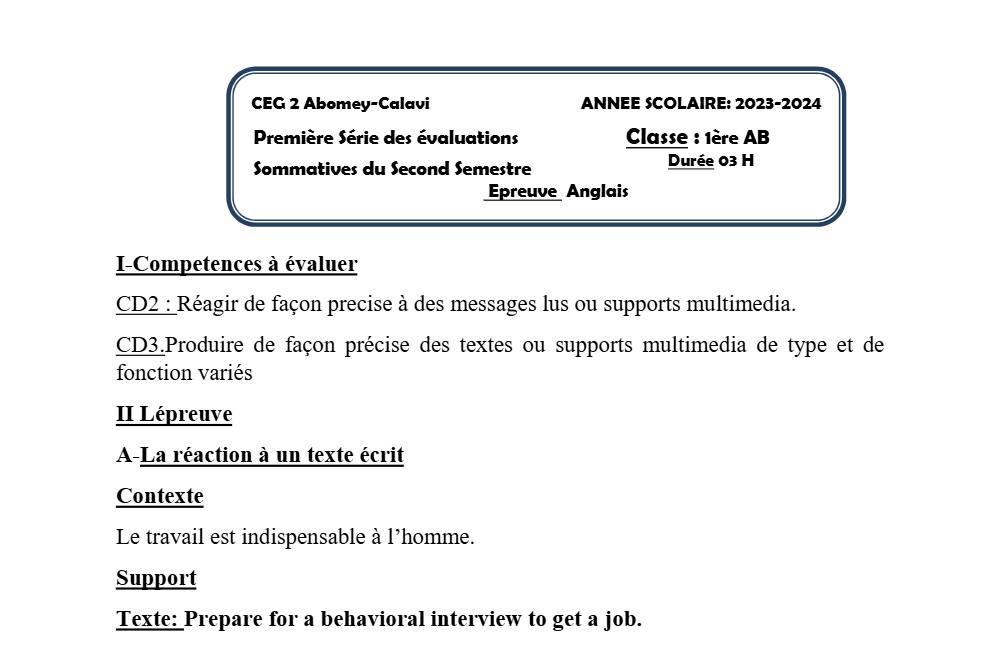 Aperçu de la première page — 1ère A1 A2 B Anglais 1er Devoir 2ème Semestre D'anglais CEG2 Abomey Calavi 2023 2024