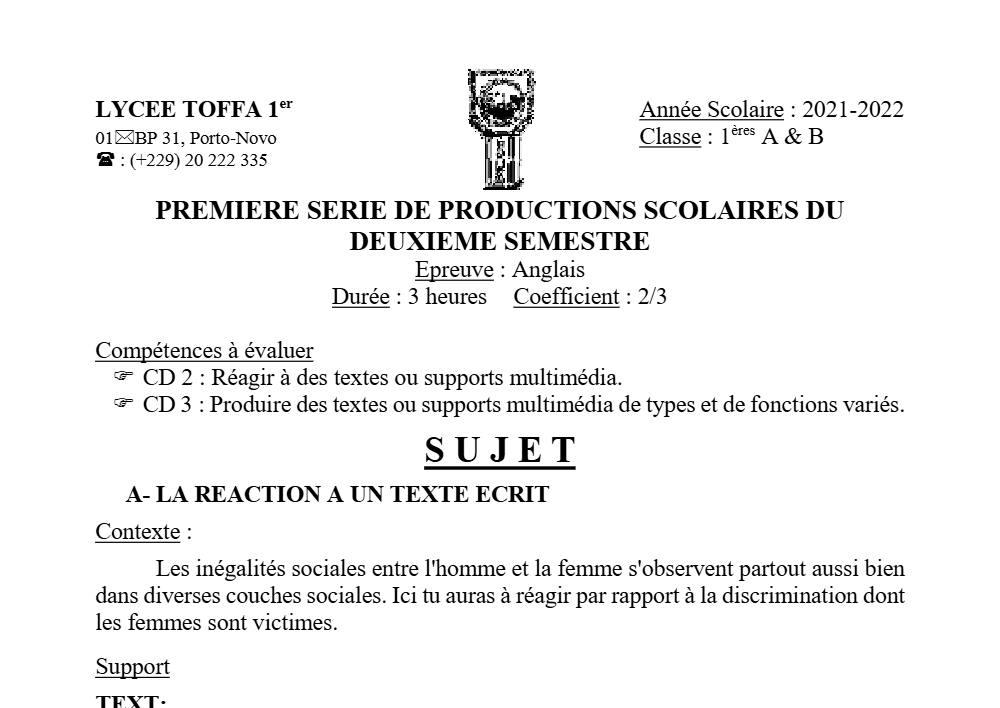 Aperçu de la première page — 1ère A1 A2 B Anglais 1er Devoir 2ème Semestre Lycée Toffa 2021 2022