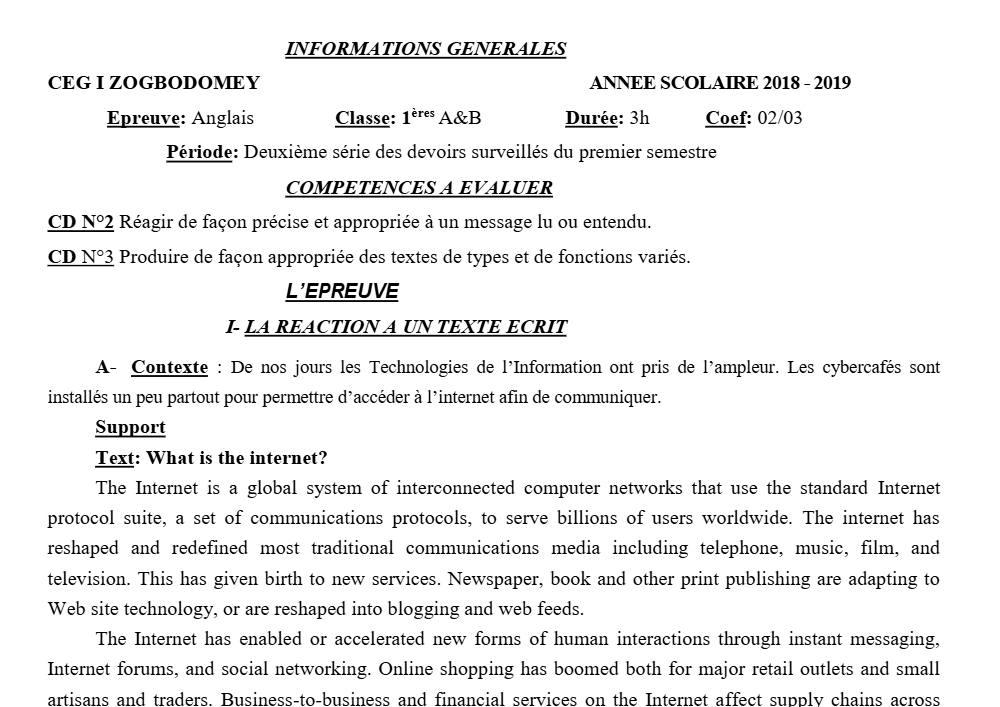 Aperçu de la première page — 1ère A1 A2 B Anglais 2ème Devoir 1er Semestre CEG1 Zogbodomey 2018 2019