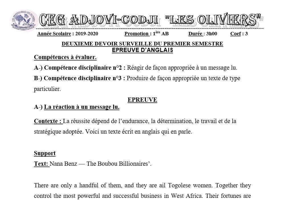 Aperçu de la première page — 1ère A1 A2 B Anglais 2ème Devoir 1er Semestre CEG Adjovi Codji 2019 2020