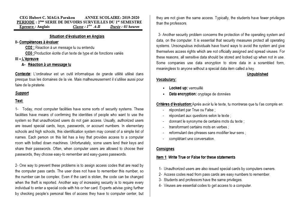 Aperçu de la première page — 1ère A1 A2 B Anglais 2ème Devoir 1er Semestre CEG Hubert C Maga 2019 2020