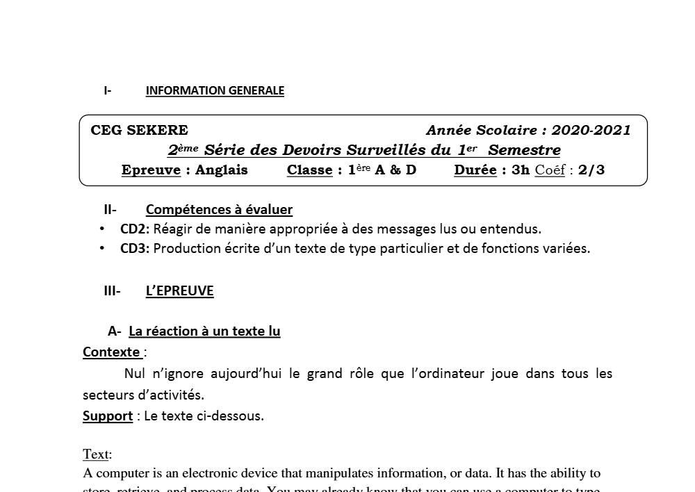 Aperçu de la première page — 1ère A1 A2 B Anglais 2ème Devoir 1er Semestre CEG Sékéré 2020 2021