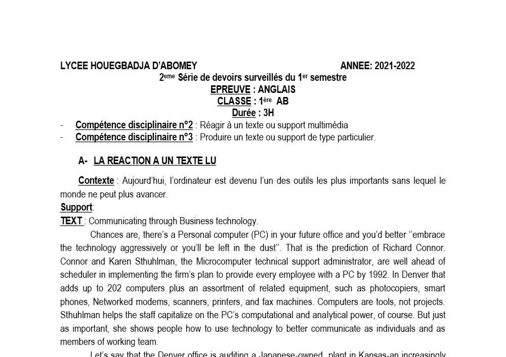 Aperçu de la première page — 1ère A1 A2 B Anglais 2ème Devoir 1er Semestre Lycée Houegbagja D'Abomey 2021 2022