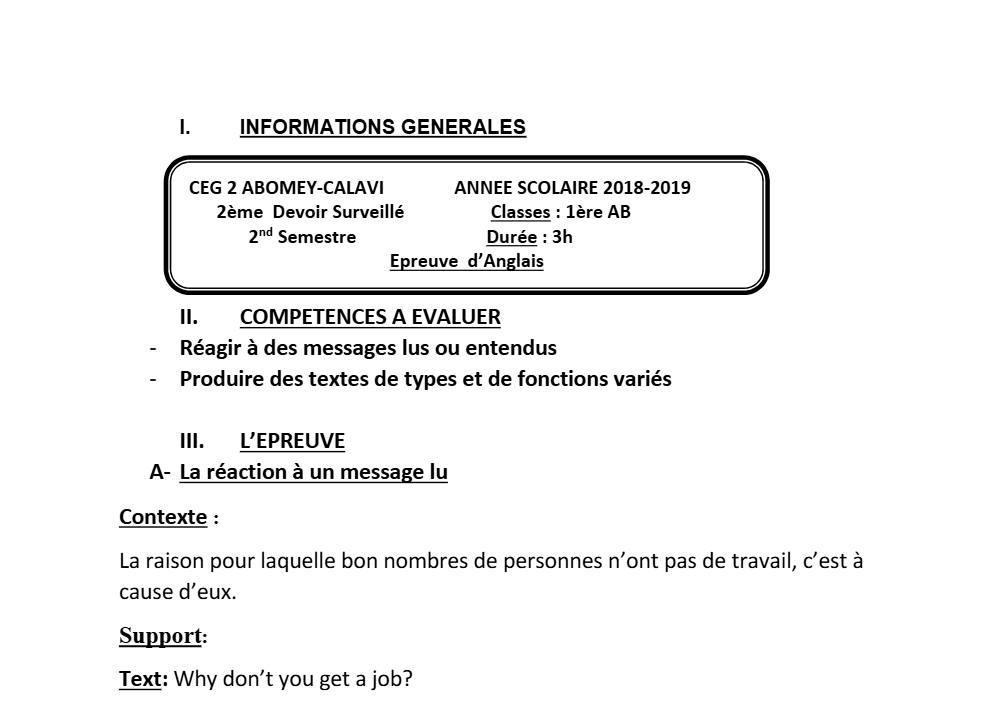 Aperçu de la première page — 1ère A1 A2 B Anglais 2ème Devoir 2ème Semestre CEG2 Abomey Calavi 2018 2019