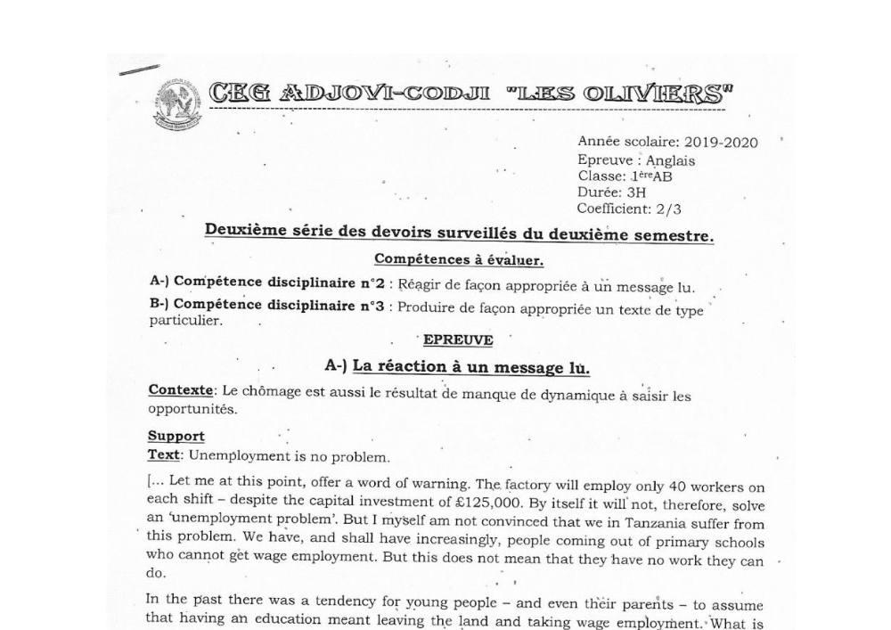 Aperçu de la première page — 1ère A1 A2 B Anglais 2ème Devoir 2ème Semestre CEG Adjovi Codji 2019 2020