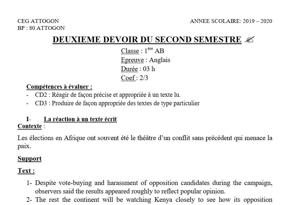 Aperçu de la première page — 1ère A1 A2 B Anglais 2ème Devoir 2ème Semestre CEG Attogon 2019 2020