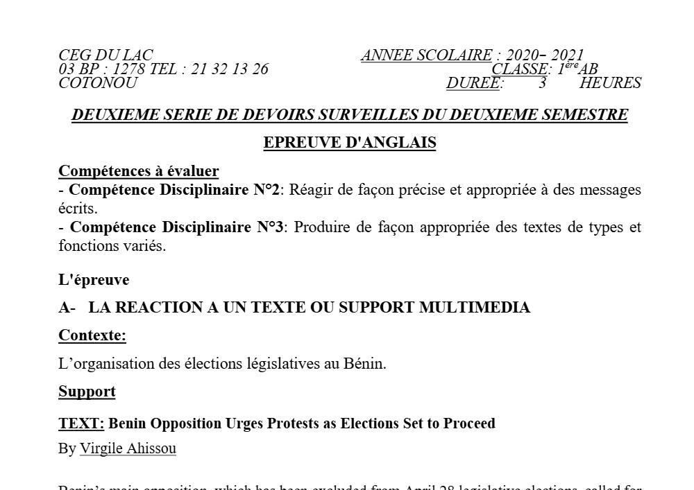 Aperçu de la première page — 1ère A1 A2 B Anglais 2ème Devoir 2ème Semestre CEG du Lac 2020 2021