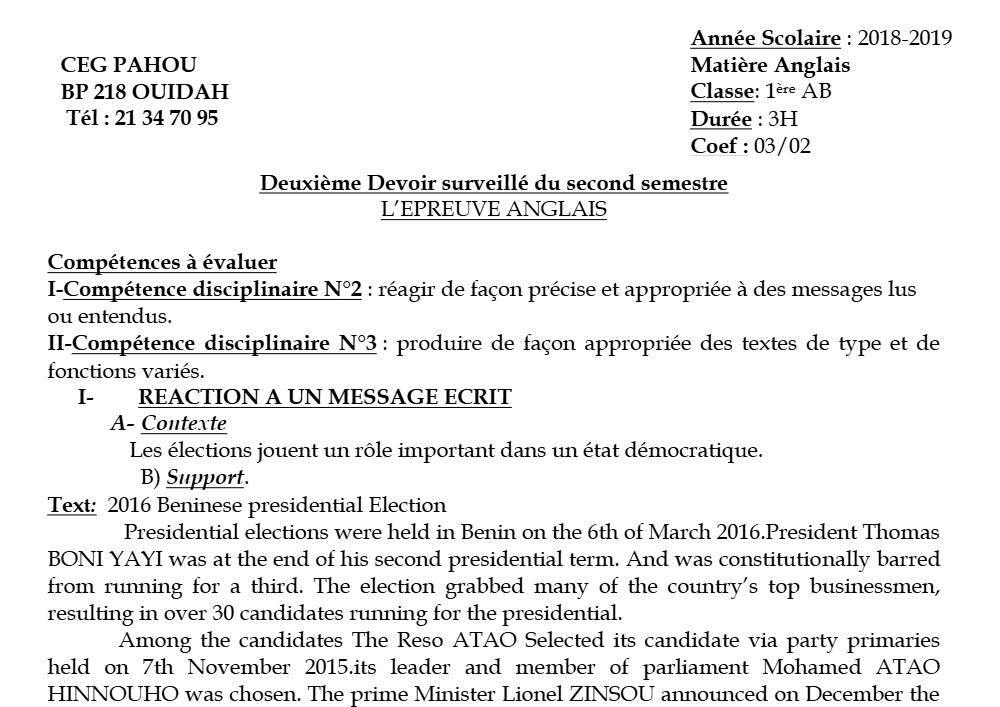Aperçu de la première page — 1ère A1 A2 B Anglais 2ème Devoir 2ème Semestre CEG Pahou 2018 2019